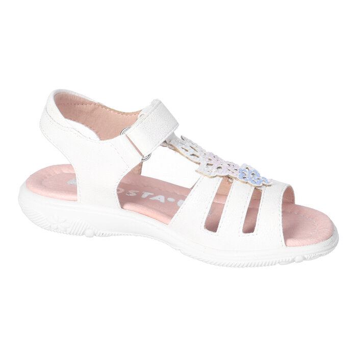 A girls open toe sandal by Ricosta, style Celina in iridescent white with velcro fastening. Left inner side view.