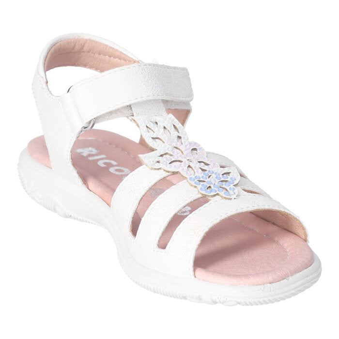 A girls open toe sandal by Ricosta, style Celina in iridescent white with a velcro fastening. Angled left inner side view.