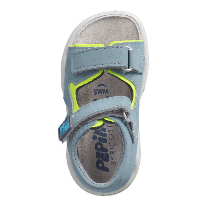 A boys open toe sandal by Ricosta, style Manto in blue, double velcro fastening with a full back. Above left view.
