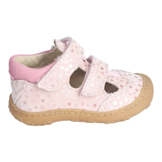 A girls closed toe sandal by Ricosta, style Ebi in pale pink , double velcro fastening with toe bumper. Right side view.