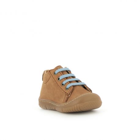 A boys first shoe by Bopy, style Jejoc in tan with lace / zip fastening. Right angled view.