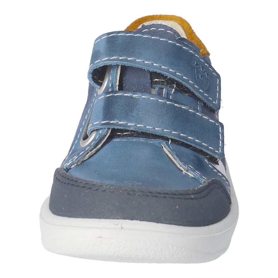 A boys shoe by Ricosta, style Jamie, in blue with mustard trim, double velcro fastening. Front view.