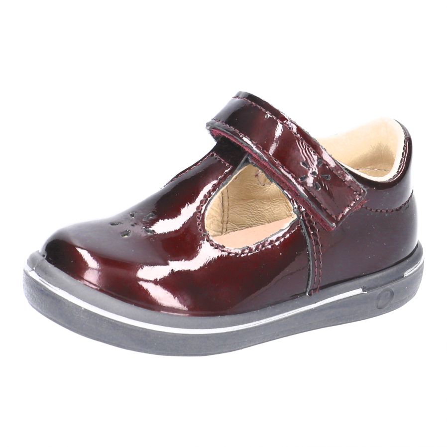 A girls T Bar shoe by Ricosta, style Winona, in Bordo patent with velcro fastening. Right side view.