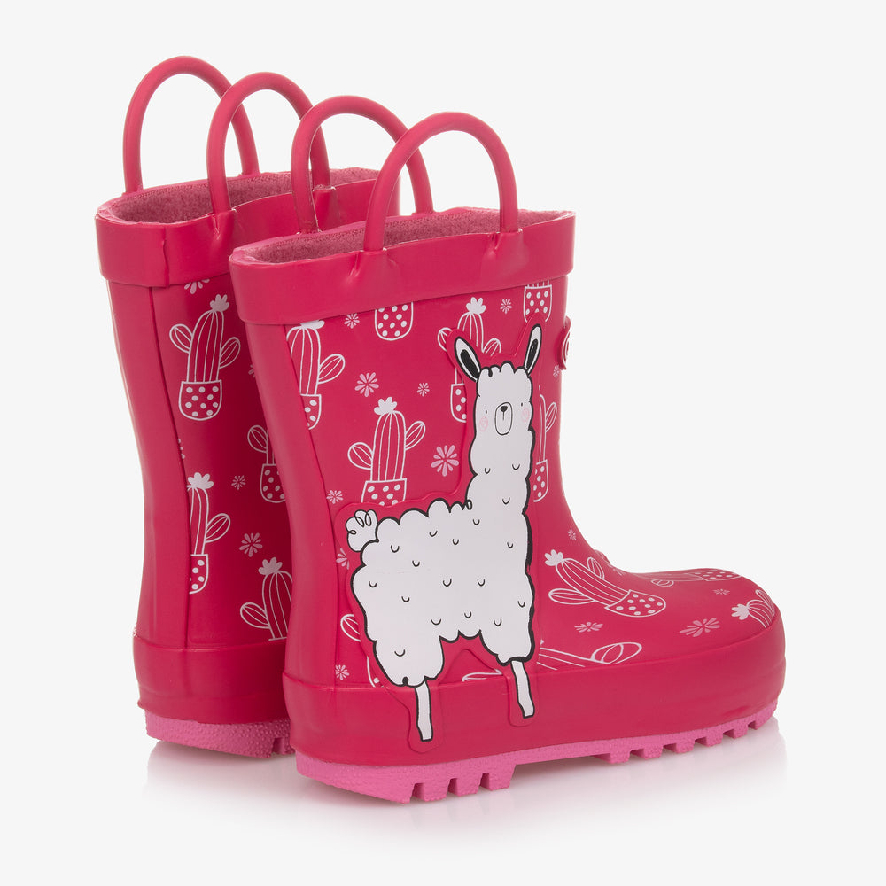 A pair of girls fleece lined wellies by Chipmunks, style Lena, in pink and white with llama design. Angled view of right side.
