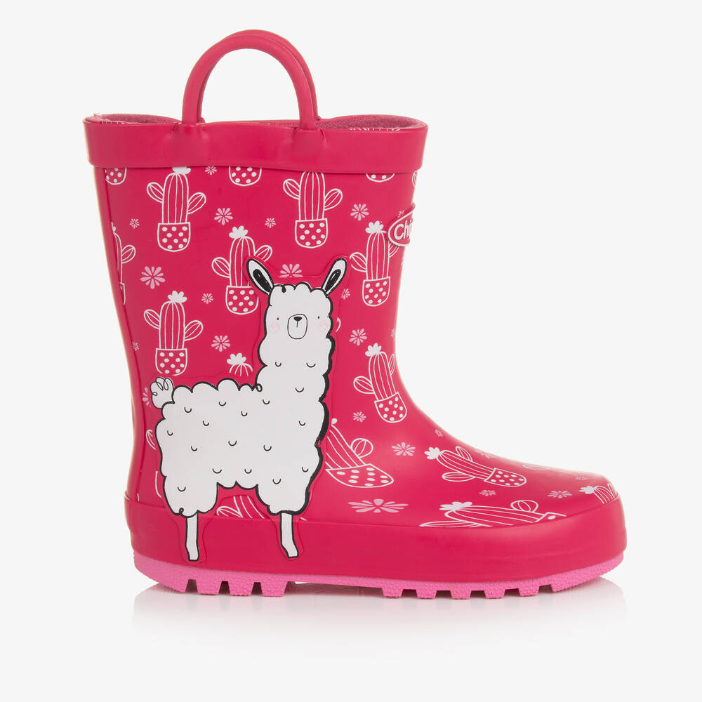 A girls fleece lined welly by Chipmunks, style Lena, in pink and white with llama design. Right side view.