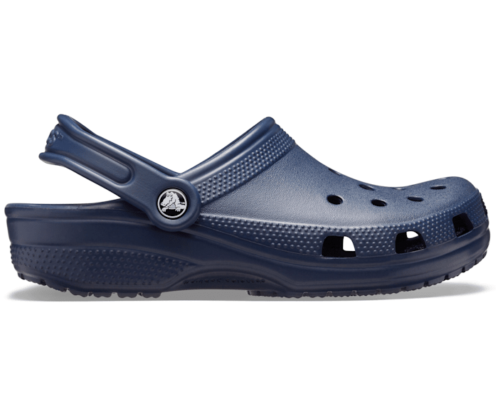 A unisex classic clog by Crocs, style Todd in navy. Right side view.