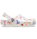 A classic clog by Crocs, style Tod in white with unicorn print. Right side view.