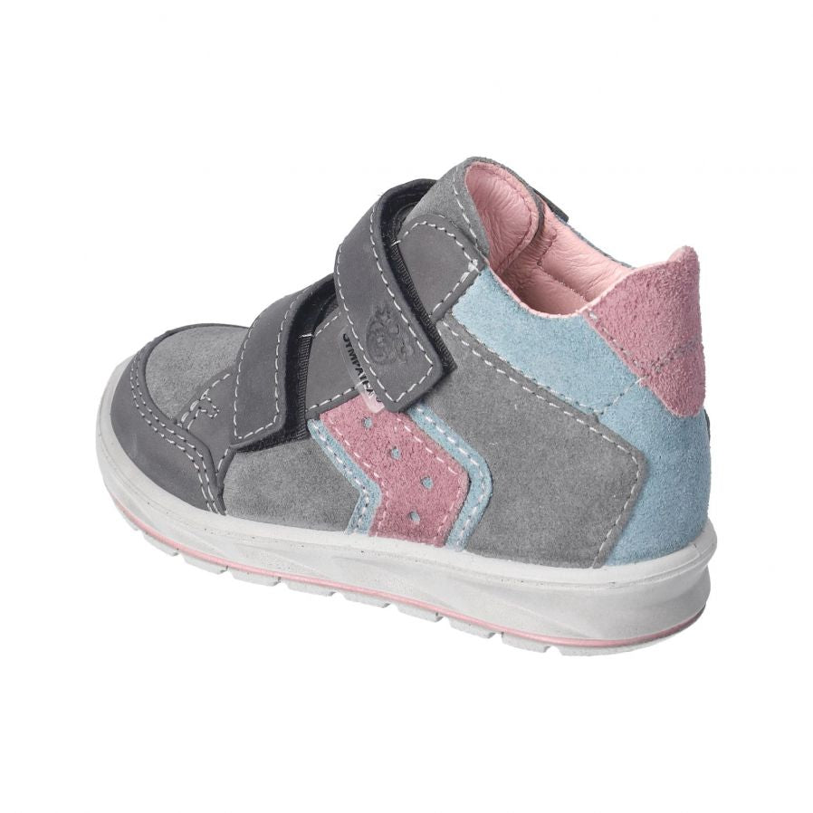 A girls waterproof ankle boot by Ricosta, style Kimo, double velcro fastening in grey with pink and blue trim. Left angled view.