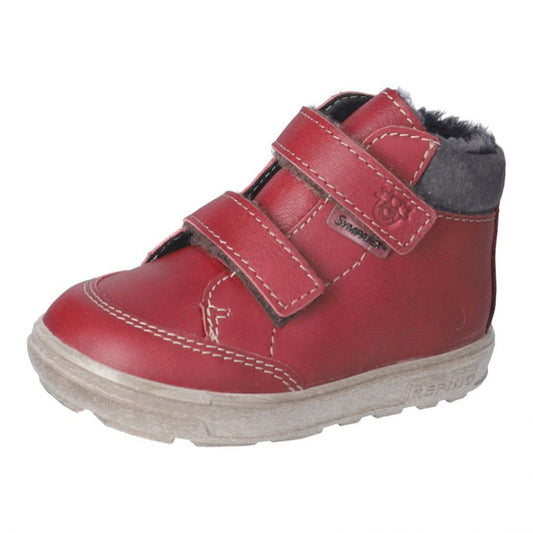 Ricosta Basti is a Red waterproof ankle boot with double velcro fastening and padded ankle. Left side view.