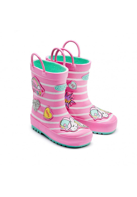 A pair of fleece lined girls wellies by Chipmunks, style Girl Power, in pink multi. Angled view of right side.