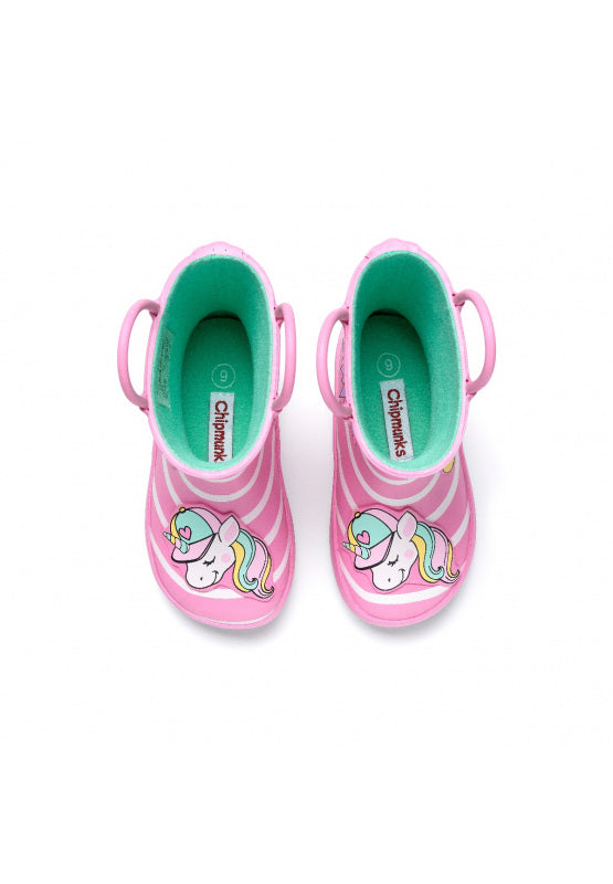 A pair of fleece lined girls wellies by Chipmunks, style Girl Power, in pink multi. View from above.