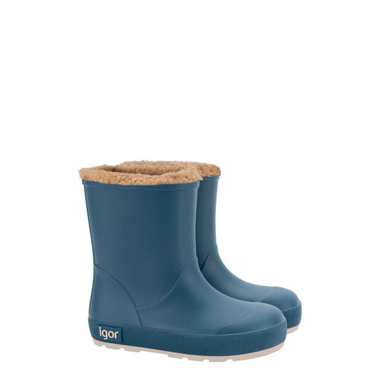 A lined welly by Igor, style Yogi Borreguito, in blue with tan fur lining. Right side view.