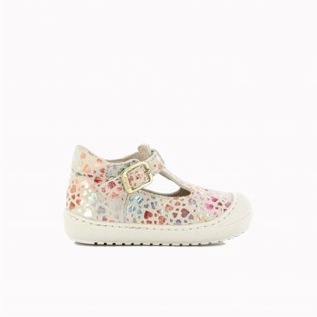 A girls T-Bar shoe by Bopy, style Japana, in white with multi colour heart print print and buckle fastening. Right side view.