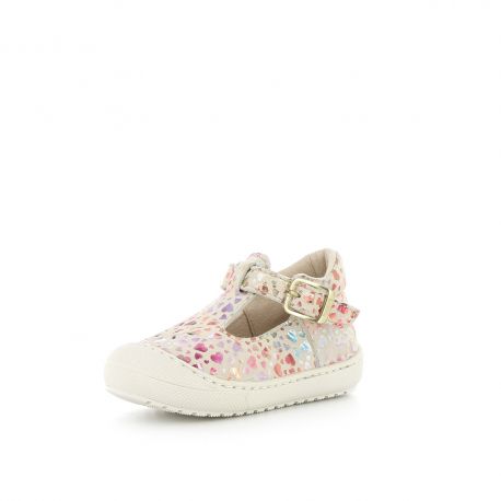 A girls T-Bar shoe by Bopy, style Japana, in white with multi colour heart print print and buckle fastening. left angle side view.