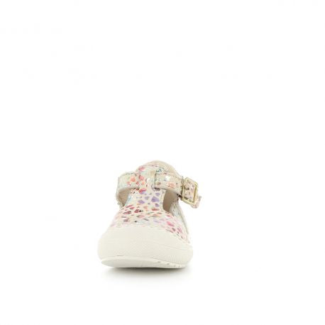 A girls T-Bar shoe by Bopy, style Japana, in white with multi colour heart print print and buckle fastening. Front view.