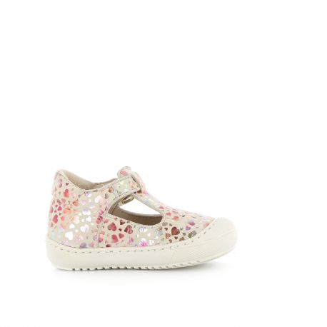 A girls T-Bar shoe by Bopy, style Japana, in white with multi colour heart print print and buckle fastening. Left side view.