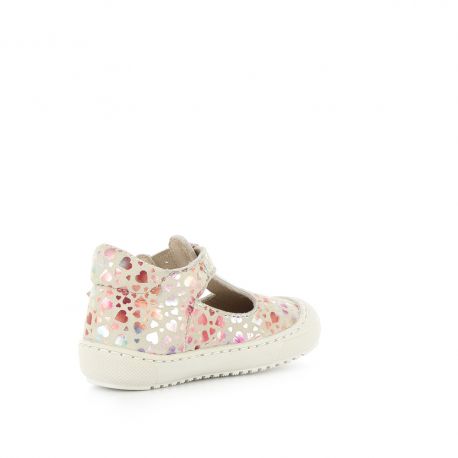 A girls T-Bar shoe by Bopy, style Japana, in white with multi colour heart print print and buckle fastening. Right angle view.