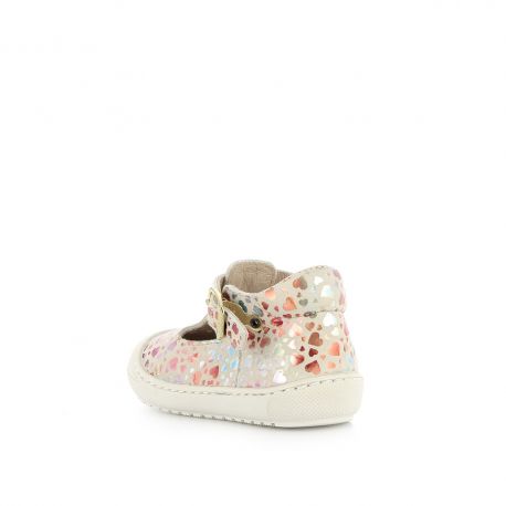 A girls T-Bar shoe by Bopy, style Japana, in white with multi colour heart print print and buckle fastening. Left angle view.