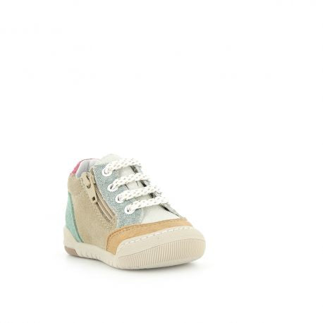 A girls mid trainer shoe by Bopy, style Jopa, in white with multi colour design and animal print. Zip and lace fastening. Angled view.