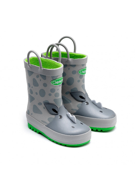 A pair of fleece lined wellies by Chipmunks, style Max Rhino, in grey and green rhino design. Angled view of right side.