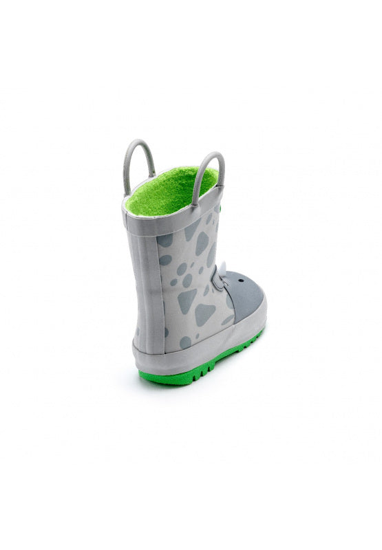 A fleece lined welly by Chipmunks, style Max Rhino, in grey and green rhino design. Angled view from back.