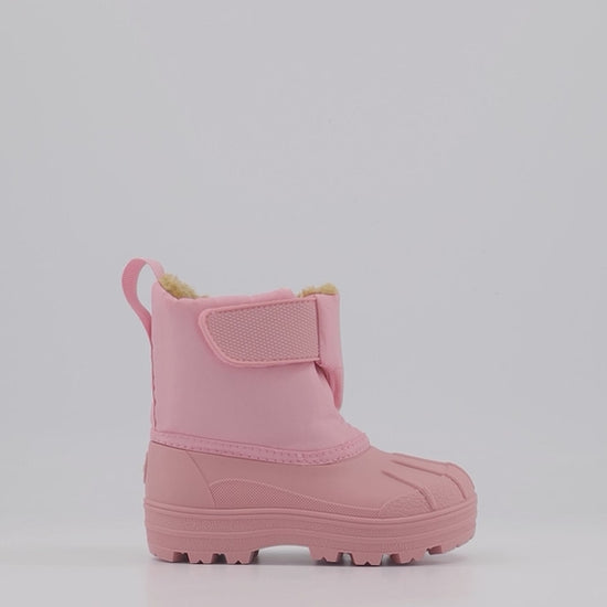 A pair of girls lined snow boots by Igor, style Neu, in pink with velcro fastening. 360 degree view.