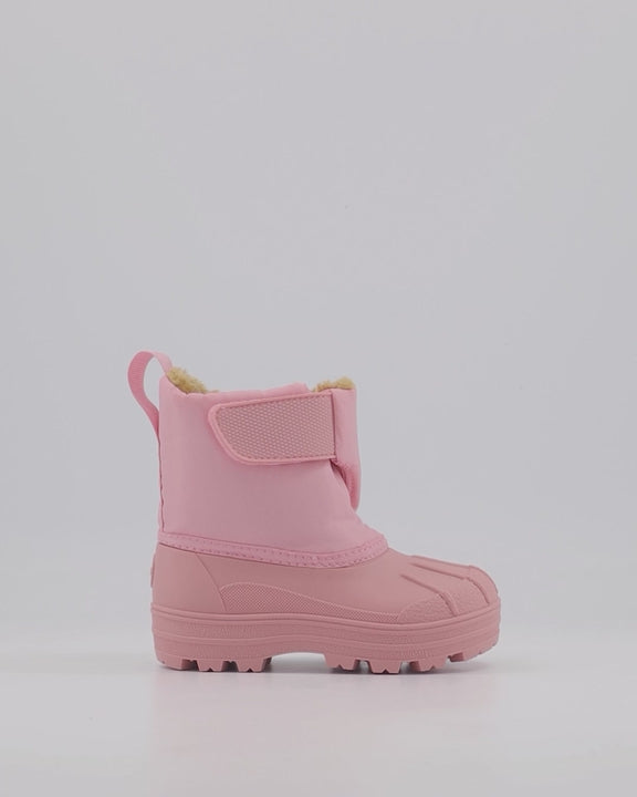 A pair of girls lined snow boots by Igor, style Neu, in pink with velcro fastening. 360 degree view.