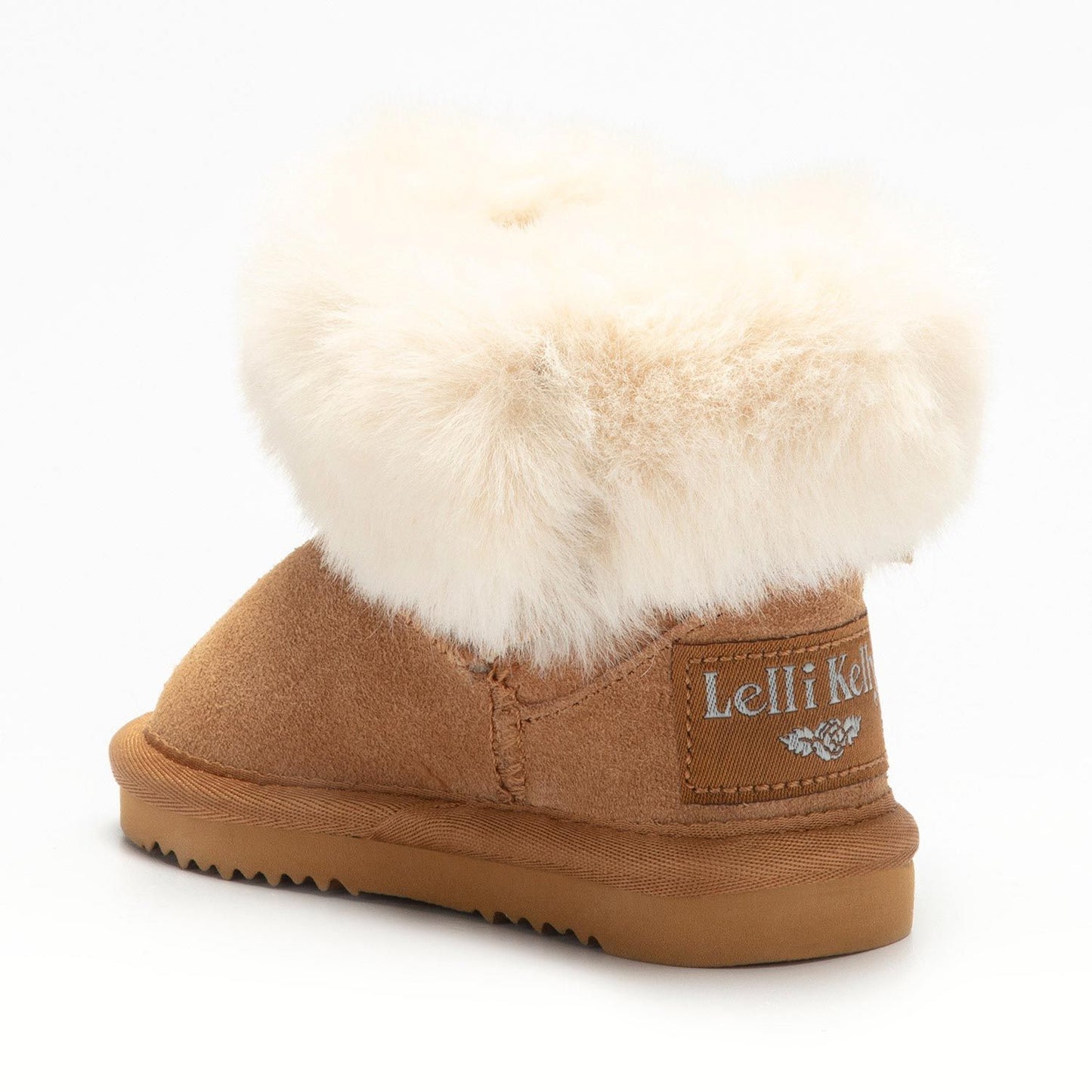 Girls pull on, warm lined boot by Lelli Kelly, style LKHK3764 Cathrine, with fur cuff and diamante bow to ankle, in brown suede. Angled view.