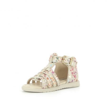 A girls open toe sandal by Bopy, style Reabou, in white with a multi colour foil  heart pattern. Buckle fastening around the ankle. Left side angled view.