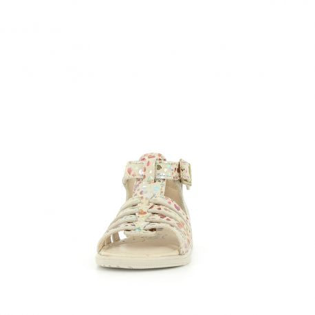 A girls open toe sandal by Bopy, style Reabou, in white with a multi colour foil  heart pattern. Buckle fastening around the ankle. Front view.