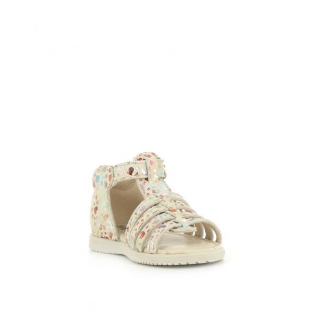 A girls open toe sandal by Bopy, style Reabou, in white with a multi colour foil  heart pattern. Buckle fastening around the ankle. Front right side angled view.