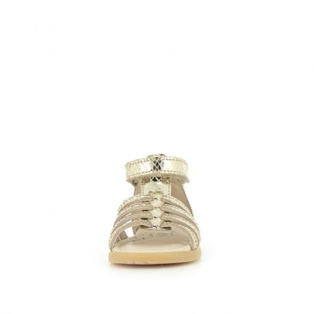 A girls open toe sandal by Bopy, style Reality, in platinum silver. Velcro fastening around the ankle. Front view.