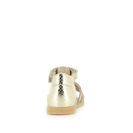 A girls open toe sandal by Bopy, style Reality, in platinum silver. Velcro fastening around the ankle. Back view.