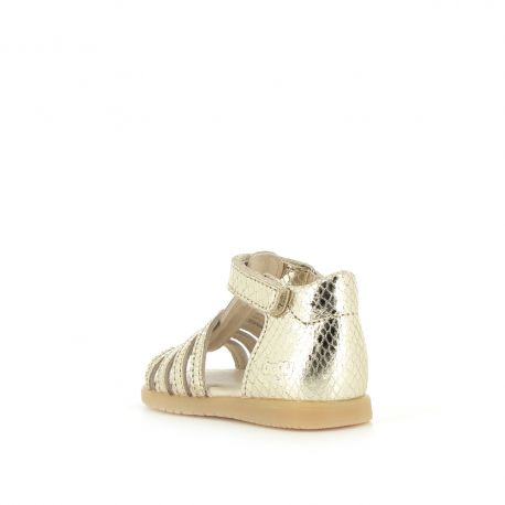 A girls open toe sandal by Bopy, style Reality, in platinum silver. Velcro fastening around the ankle. Left back angledview.
