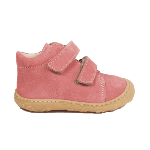 A girls boot by Ricosta, with toe bumper in pink with double velcro fastening. Right side view.