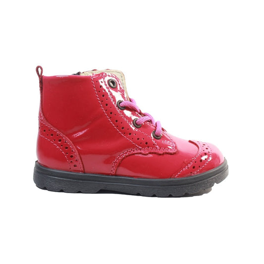 A girls ankle boot by Ricosta, style Jemmy in cherry pink patent, lace/inside zip fastening. Right side view.