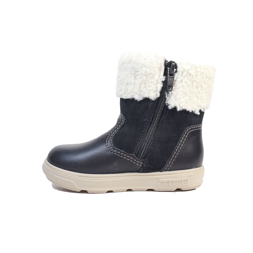 A unisex waterproof boot by Ricosta, style Jiminy, a zip up in dark navy with a cream fleece cuff. Right inner side view.