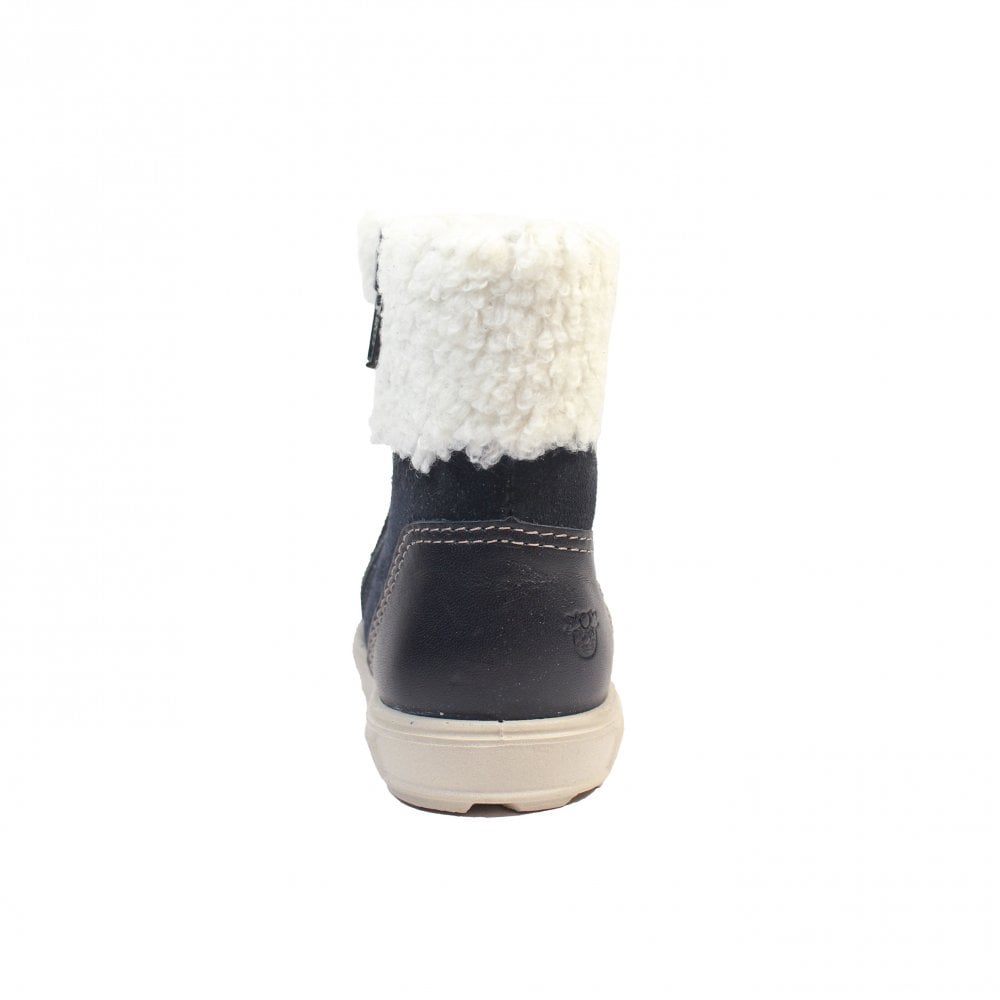 A unisex waterproof boot by Ricosta, style Jiminy, a zip up in dark navy with cream fleece cuff. View of the back.