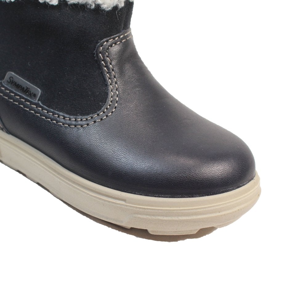 A unisex waterproof boot by Ricosta, style Jiminy, a zip up in dark navy with a cream fleece cuff. View of the toe.