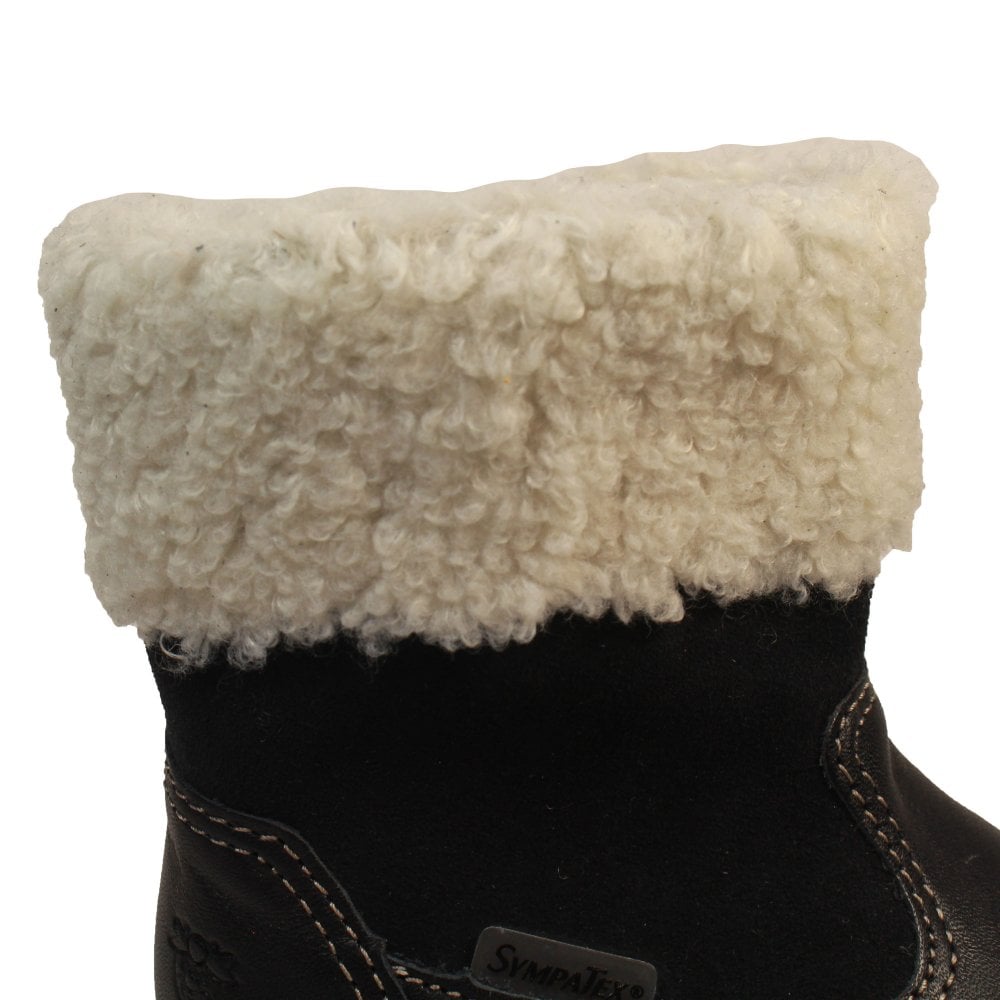 A unisex waterproof boot by Ricosta, style Jiminy, a zip up in dark navy with a cream fleece cuff. View of the cuff.
