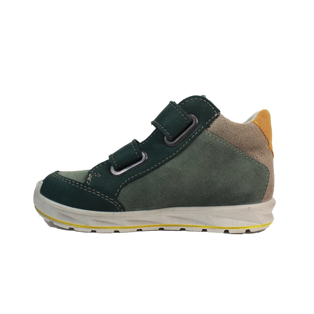 A waterproof ankle boot by Ricosta, style Kimi, in green and grey with mustard star detail. Double velcro. Inner side view.