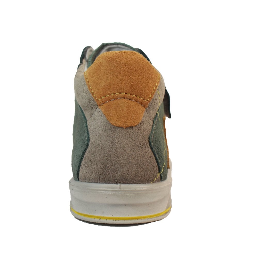 A waterproof ankle boot by Ricosta, style Kimi, in green and grey with mustard star detail. Double velcro. View of the back.