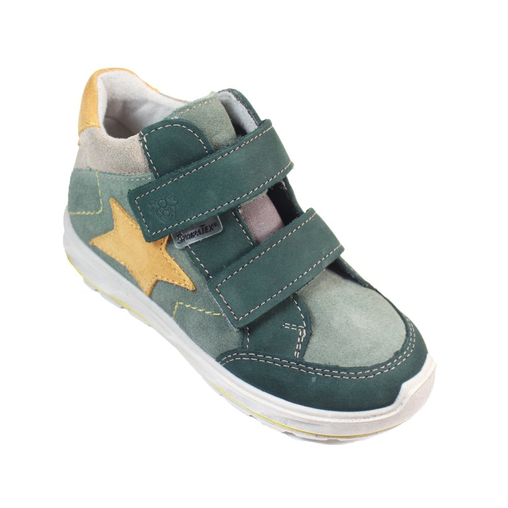A waterproof ankle boot by Ricosta, style Kimi, in green and grey with mustard star detail. Double velcro. Front angled view.