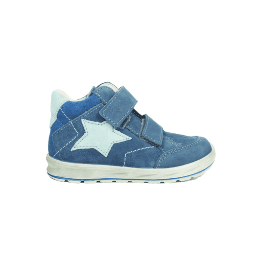 Ricosta Kimi is a waterproof Boys Nubuck Velcro Ankle Boot in Pavone blue. Right side view.