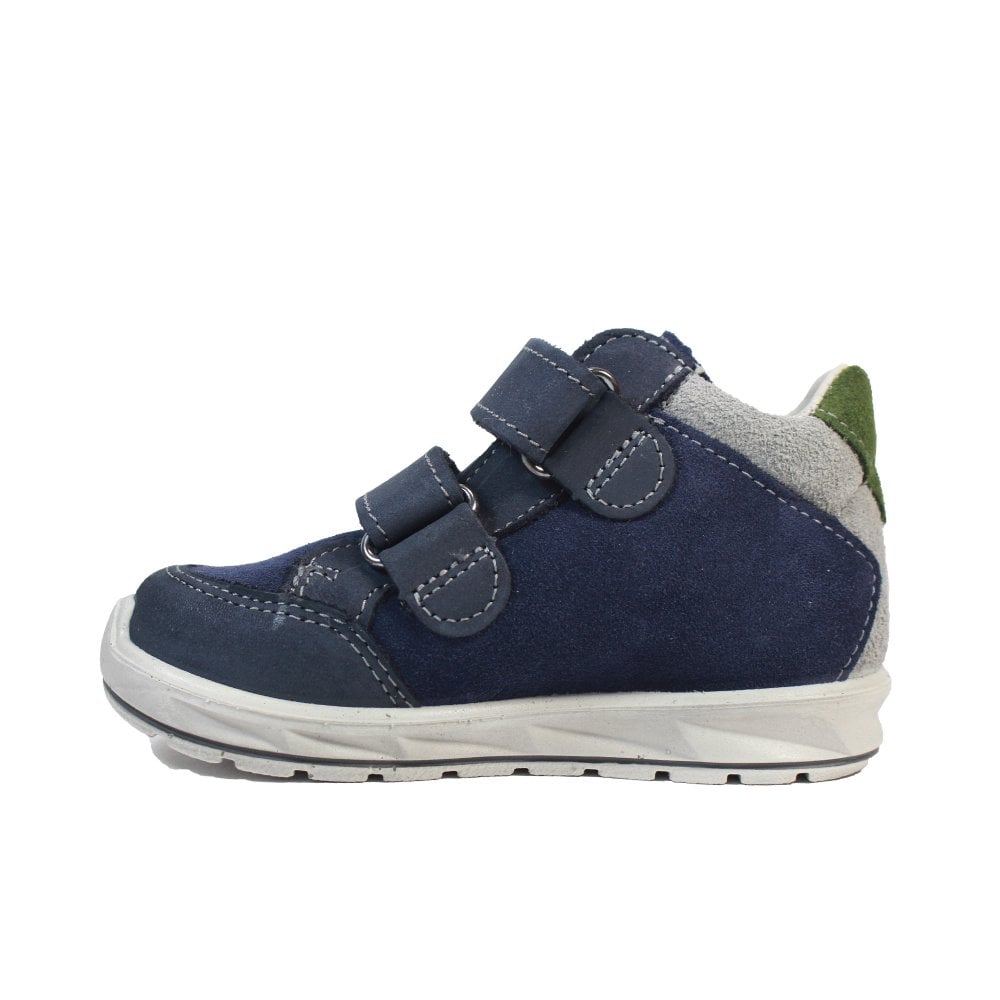 A boys waterproof ankle boot by Ricosta, style Kimo, double velcro fastening in navy with green trim. Right inner side view.