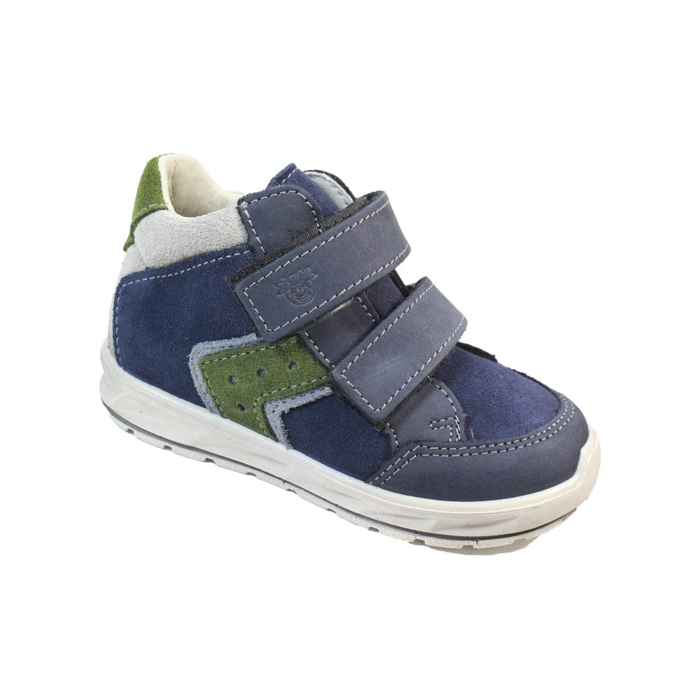 A boys waterproof ankle boot by Ricosta, style Kimo, double velcro fastening in navy with green trim. Right angled view.