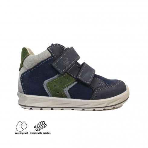 A boys waterproof ankle boot by Ricosta, style Kimo, double velcro fastening in navy with green trim. Right side view.