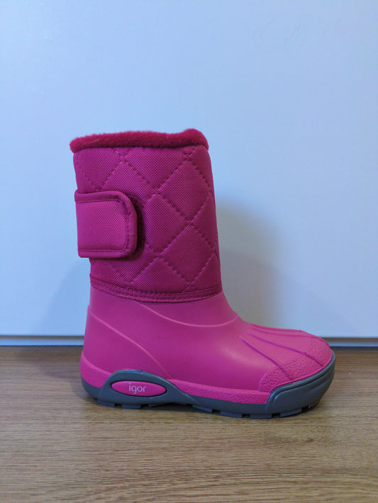 A girls lined snow boot by Igor, style Topo Ski,  in pink with velcro fastening. Right side view.