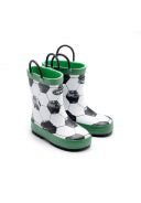 A pair of  fleece lined wellies by Chipmunks, style Score, in black ,white and green football design. Angled view of right side.