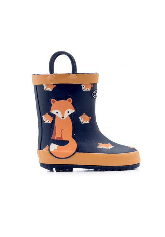 A unisex fleece lined welly by Chipmunks, style Sly, in navy and orange with fox design. Right side view.